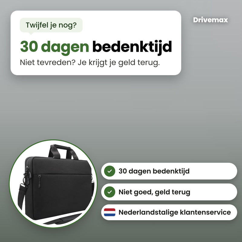 De Aktova laptoptas in een cirkel, met 30 dagen bedenktijd, niet goed geld terug en Nederlandstalige klantenservice