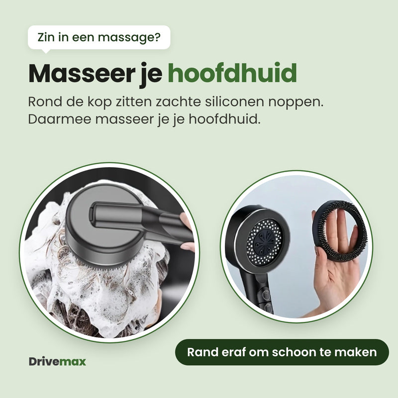 De zachte siliconen noppen van de Aquova douchekop in het haar tijdens het wassen: masseer je hoofdhuid; de rand gaat eraf om schoon te maken