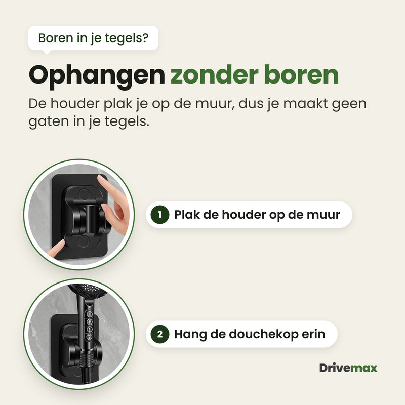 De houder van de Aquova wordt op de tegels geplakt en de douchekop hangt erin: ophangen zonder boren