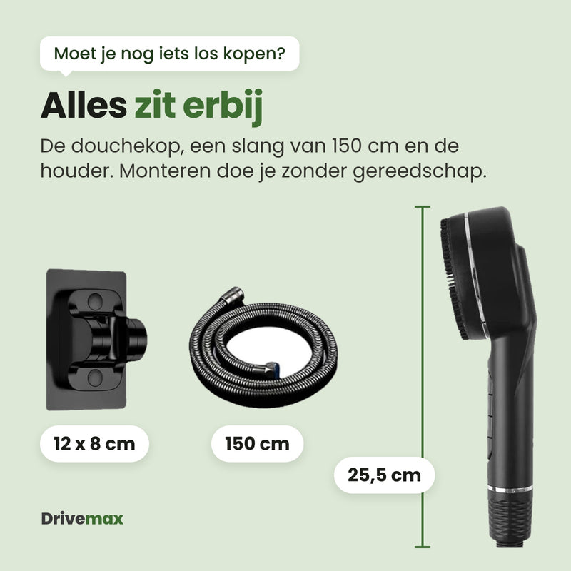 Dit zit erbij: de Aquova douchekop van 25,5 cm, een slang van 150 cm en een zelfklevende houder van 12 x 8 cm