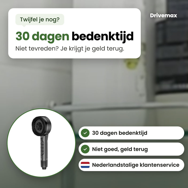 De Aquova douchekop in een cirkel, met Nederlandstalige klantenservice: 30 dagen bedenktijd, niet goed geld terug