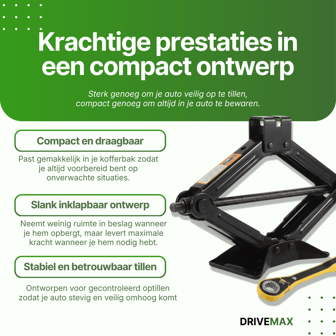 Zwarte schaarvormige auto krik met slinger op groene achtergrond met tekst over compact en krachtig ontwerp.