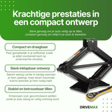 Zwarte schaarvormige auto krik met slinger op groene achtergrond met tekst over compact en krachtig ontwerp.
