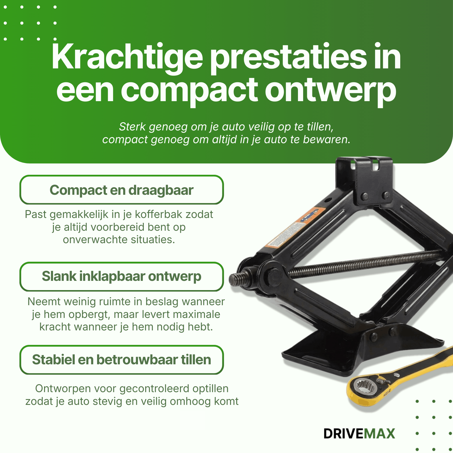 Zwarte schaarvormige auto krik met slinger op groene achtergrond met tekst over compact en krachtig ontwerp.