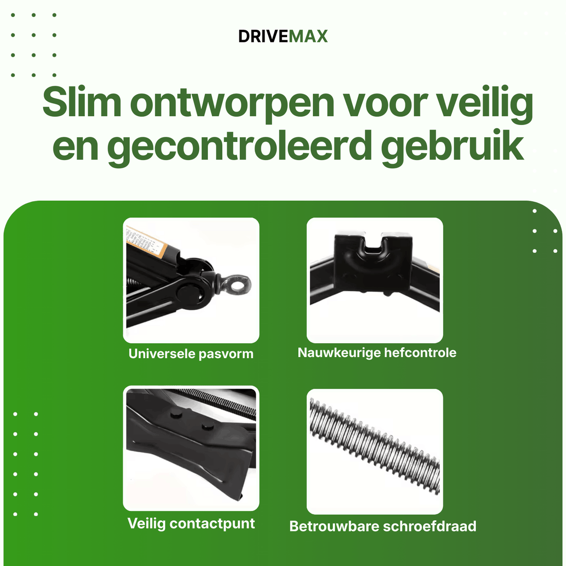 Zwarte schaarvormige auto krik met close-ups van hefpunt, schroefdraad en contactvlak.