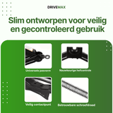 Zwarte schaarvormige auto krik met close-ups van hefpunt, schroefdraad en contactvlak.