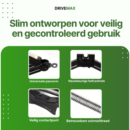 Zwarte schaarvormige auto krik met close-ups van hefpunt, schroefdraad en contactvlak.