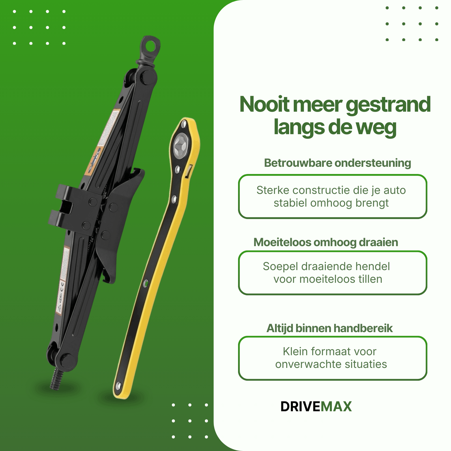 Zwarte schaarvormige auto krik met metalen slinger naast uitleg over gebruik en stabiliteit.