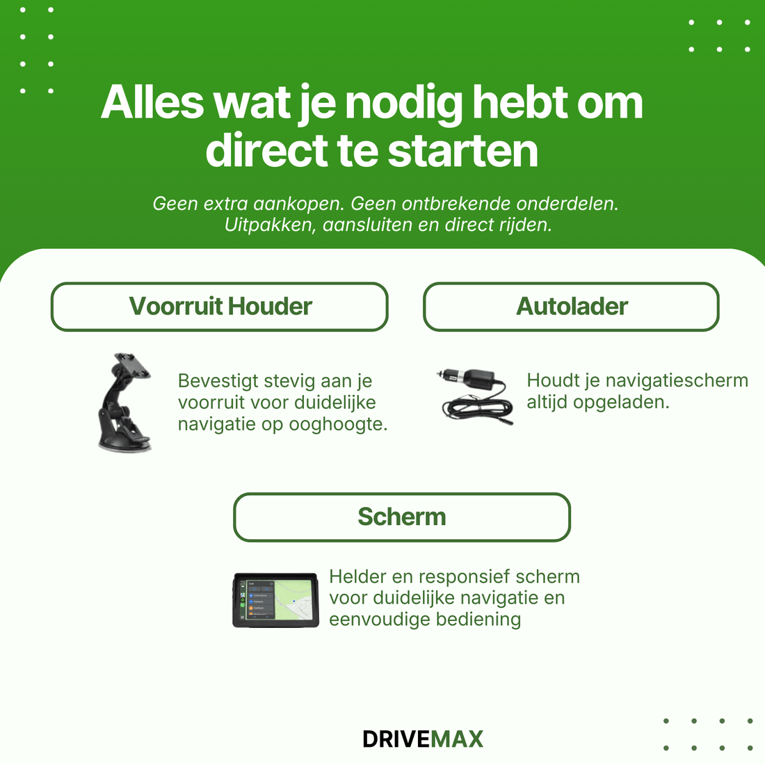 Complete auto navigatie set met GPS scherm, voorruithouder en autolader voor eenvoudige installatie en direct gebruik in de auto.
