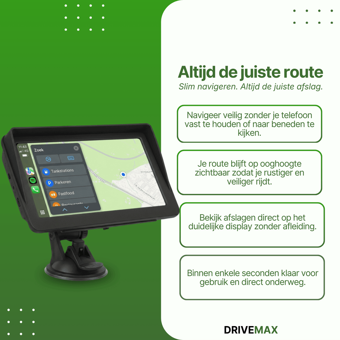 Auto navigatie met groot touchscreen en dashboardhouder die duidelijke kaart en route-instructies toont voor veilig en eenvoudig navigeren tijdens het rijden.
