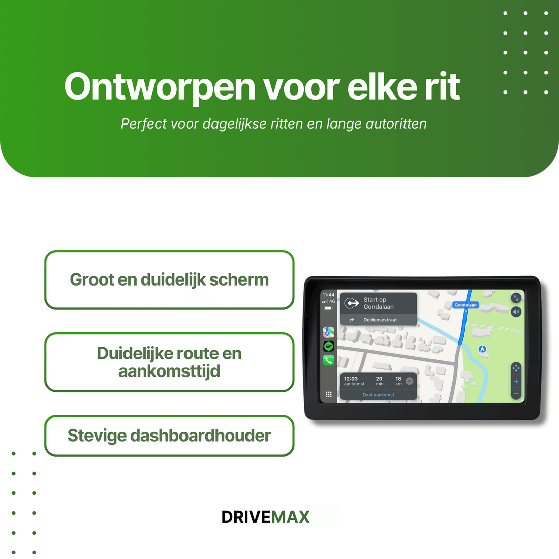 Auto navigatie met groot en duidelijk touchscreen op dashboardhouder, toont routekaart met navigatie-instructies en aankomsttijd voor dagelijks gebruik.