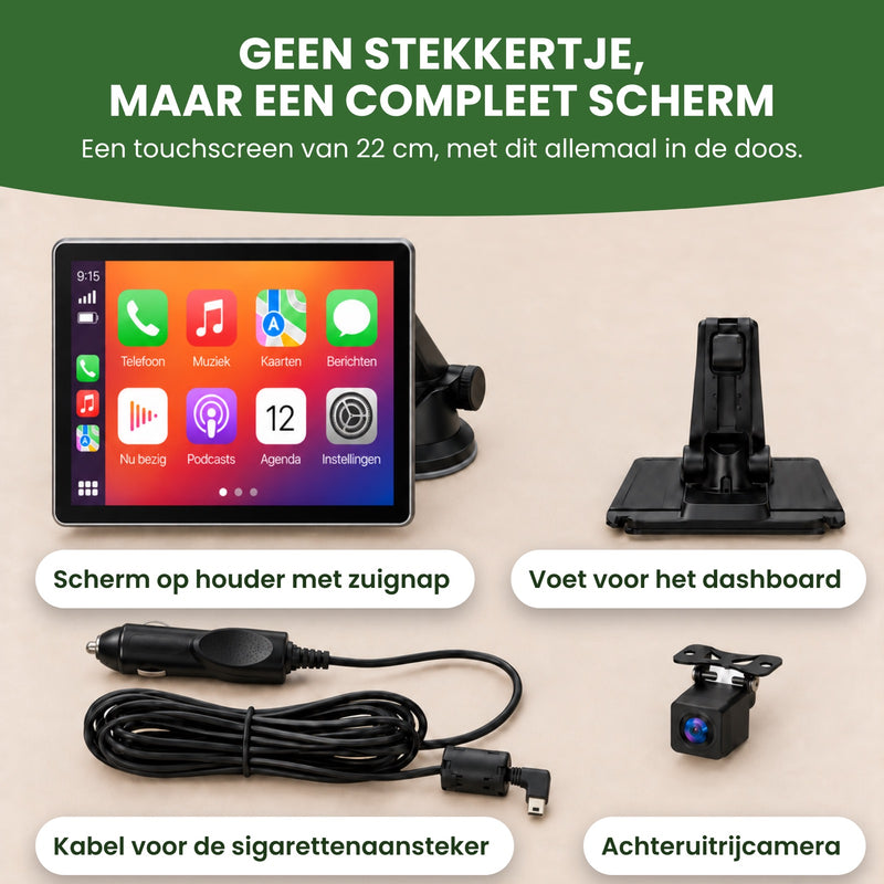 AutoSync Pro van 22 cm op de houder met zuignap, met voet, snoer voor de aansteker en achteruitrijcamera: geen stekkertje, maar een compleet scherm