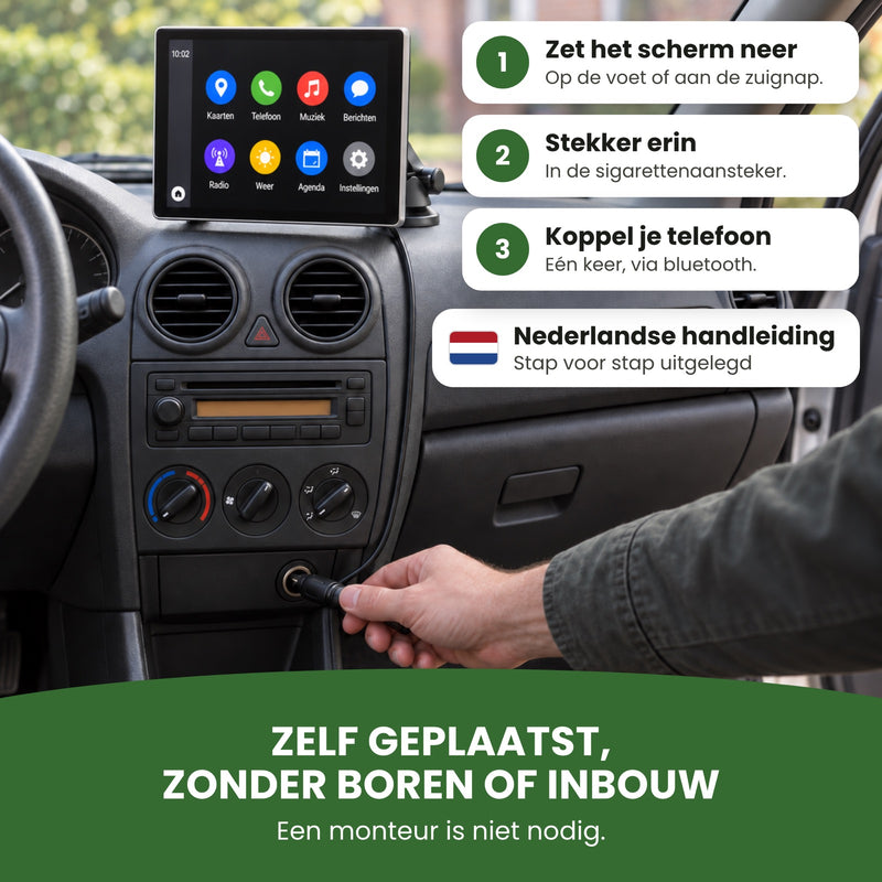 Hand steekt de stekker van de AutoSync Pro in de sigarettenaansteker, label Nederlandse handleiding: zelf geplaatst, zonder boren of inbouw