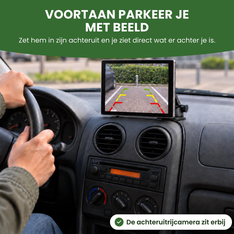 AutoSync Pro met het beeld van de achteruitrijcamera en hulplijnen, handen aan het stuur bij het inparkeren: voortaan parkeer je met beeld