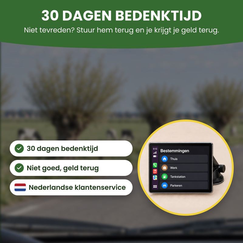 AutoSync Pro CarPlay-scherm op de houder met zuignap in een cirkel: 30 dagen bedenktijd, niet goed geld terug, Nederlandse klantenservice