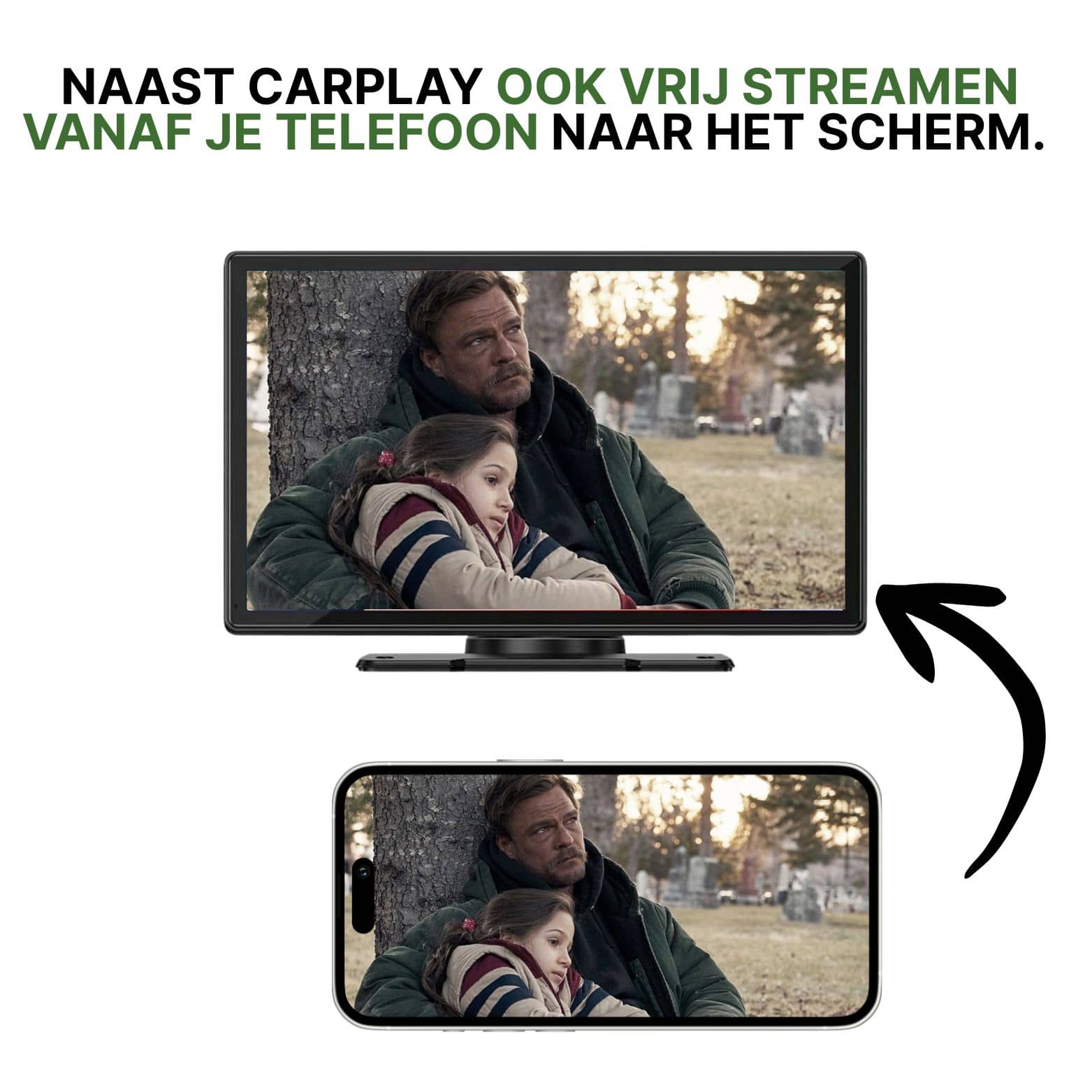 AutoSync Pro biedt naast CarPlay ook de mogelijkheid om draadloos te streamen van je telefoon naar het scherm.