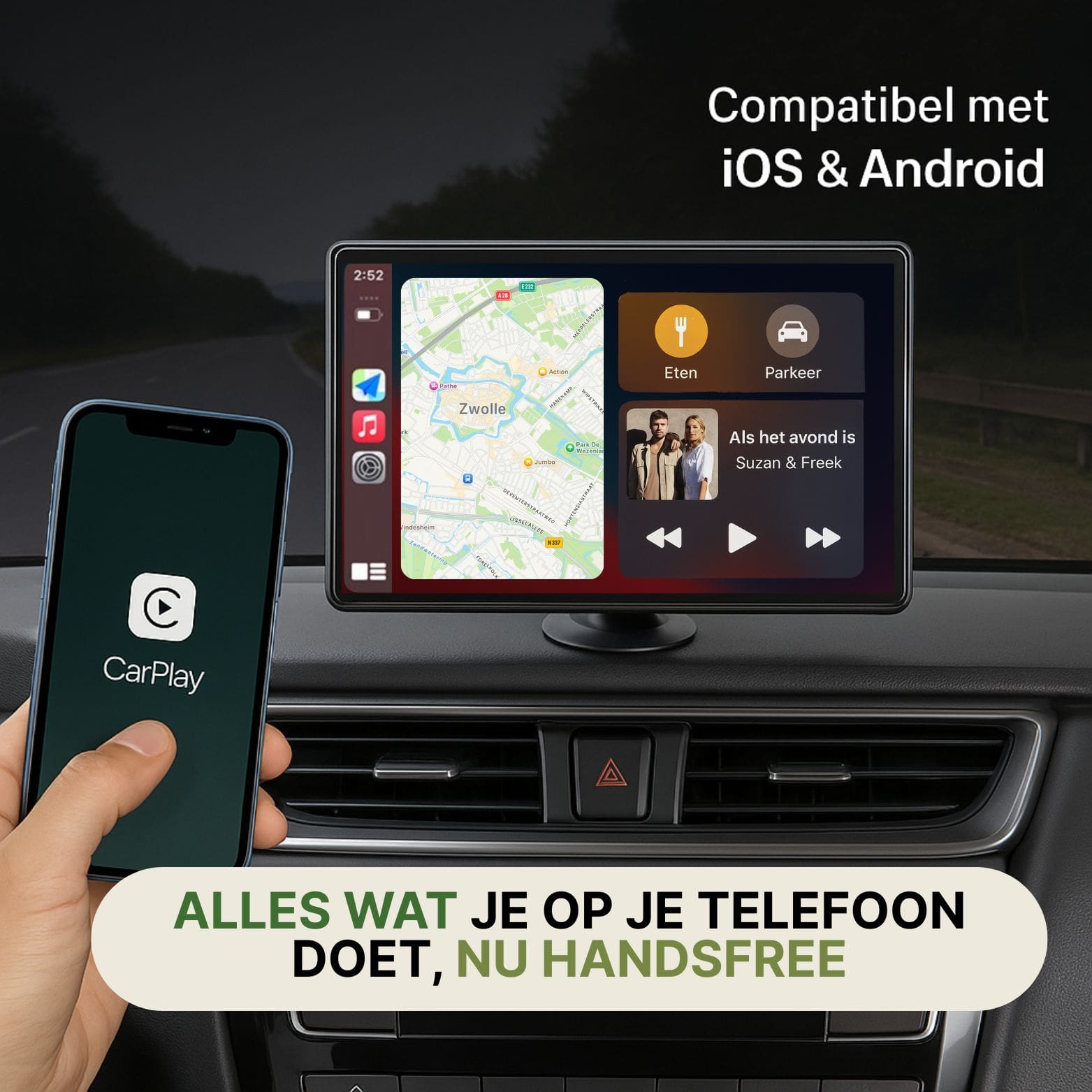 AutoSync Pro maakt handsfree gebruik van je telefoon mogelijk via Apple CarPlay en Android Auto, compatibel met iOS en Android.