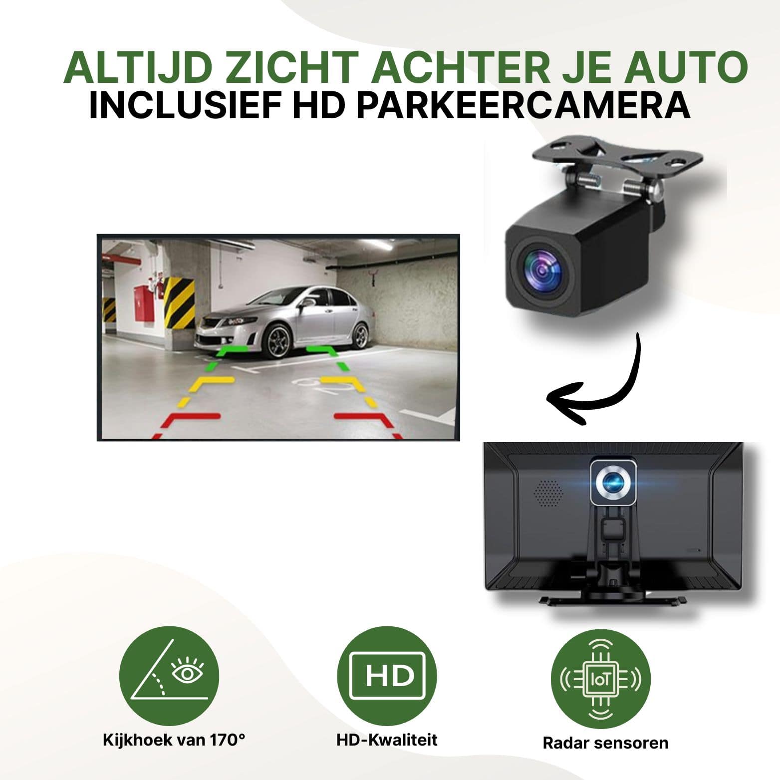 AutoSync Pro met HD-achteruitrijcamera, 170° kijkhoek en radarsensoren voor veilig en eenvoudig parkeren.