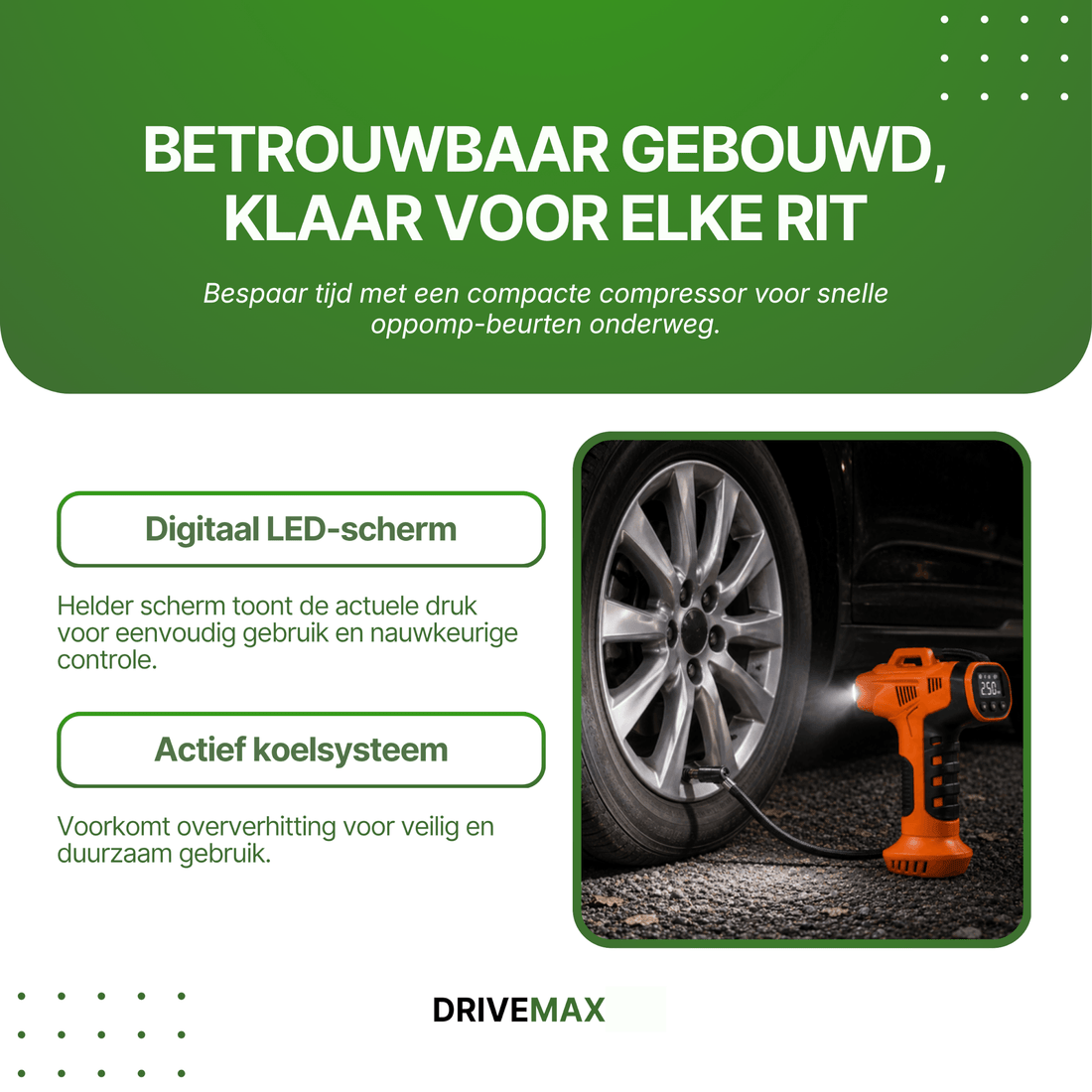Bandenpomp met bijgeleverde adapters uitgestald naast het apparaat