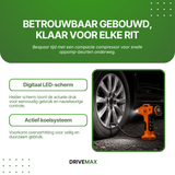 Bandenpomp met bijgeleverde adapters uitgestald naast het apparaat