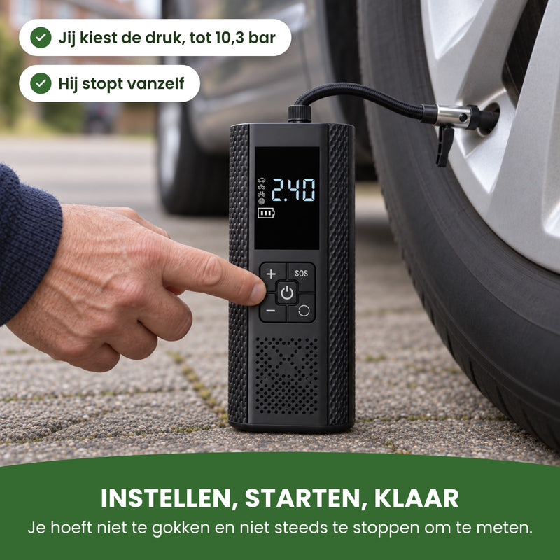 Vinger op de plusknop van de bandenpomp, het display toont 2.40: jij kiest de druk en hij stopt vanzelf