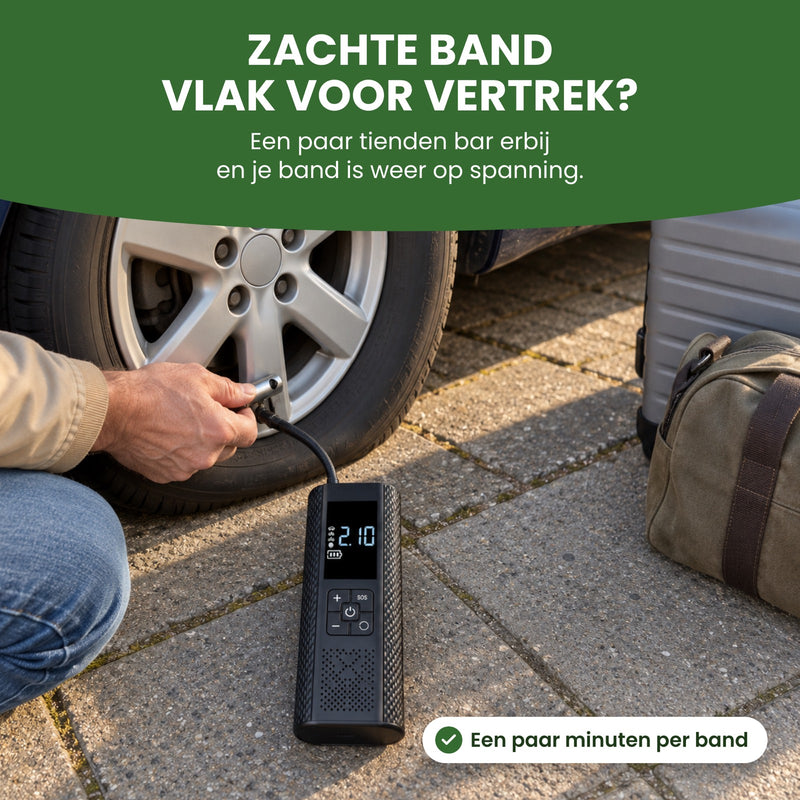 De bandenpomp ligt naast een zachte achterband, koffer en tas staan klaar: een paar tienden bar erbij en je band is weer op spanning