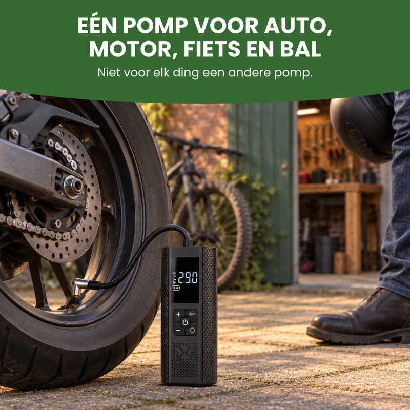 AirMate bandenpomp met de slang op het ventiel van een motorwiel, een mountainbike op de achtergrond: één pomp voor auto, motor, fiets en bal