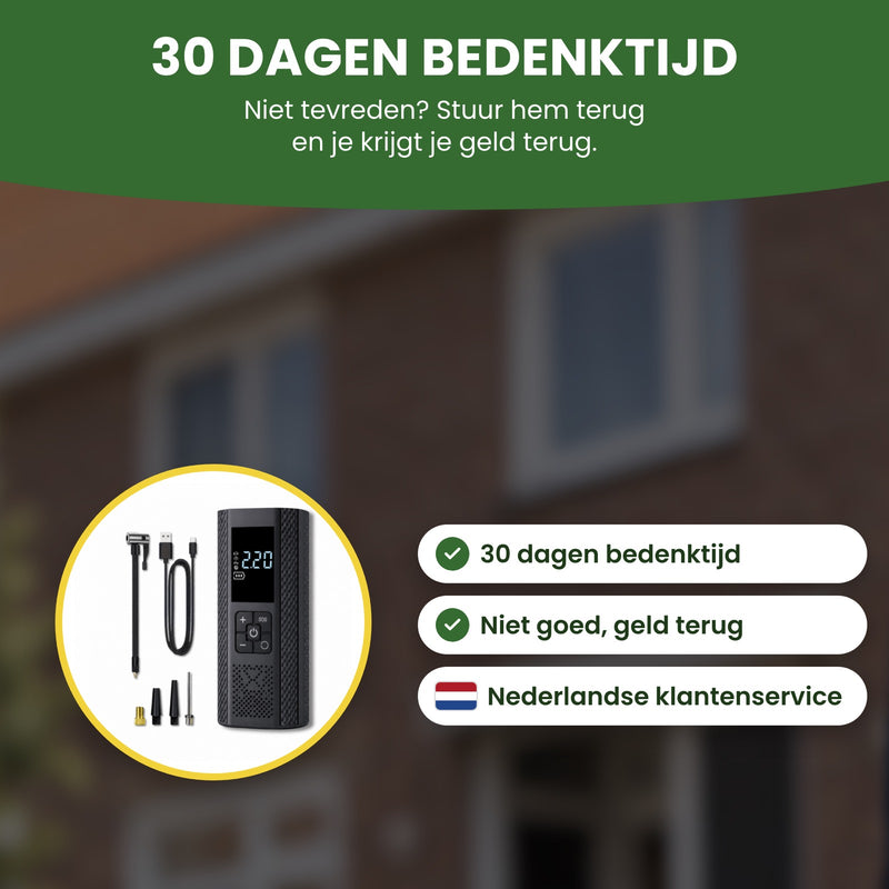 Bandenpomp op accu met digitaal display: 30 dagen bedenktijd, niet goed geld terug en Nederlandse klantenservice