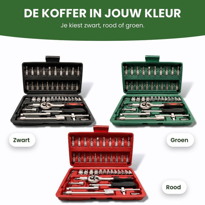 De BitPro ratelset in drie kleuren naast elkaar: je kiest de koffer in zwart, rood of groen