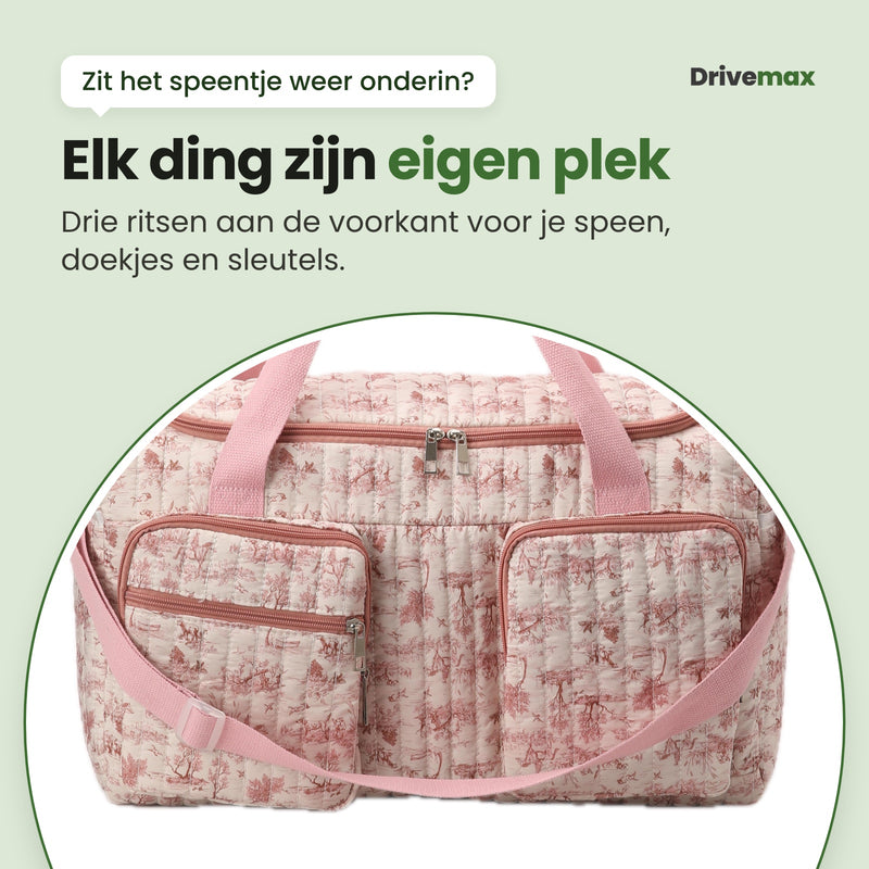 Ronde uitvergroting van de voorkant van de Bloemova luiertas met drie ritsen aan de voorkant voor je speen, doekjes en sleutels