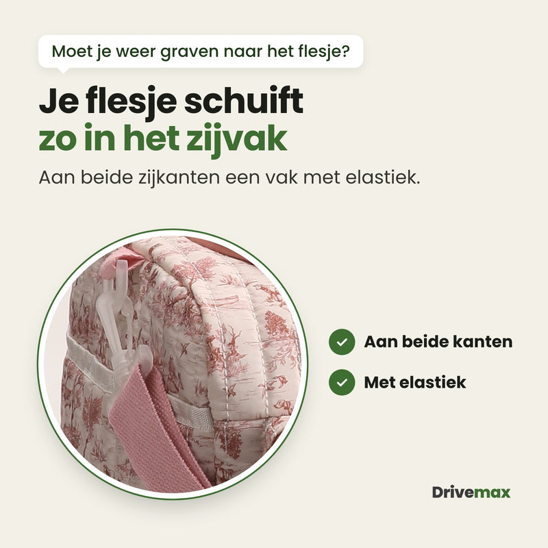 Ronde uitvergroting van de zijkant van de Bloemova luiertas met het vak met elastiek en de haak van de schouderband