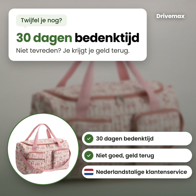 De Bloemova luiertas in een cirkel, met Nederlandstalige klantenservice: 30 dagen bedenktijd, niet goed geld terug