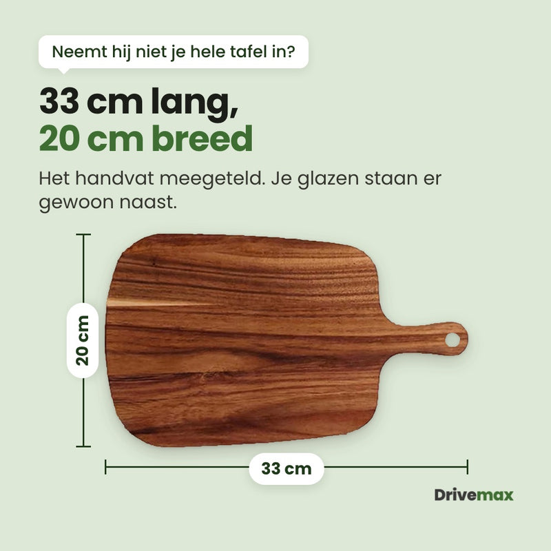 De Borrelova serveerplank liggend met maatlijnen: 33 cm lang met het handvat meegeteld en 20 cm breed