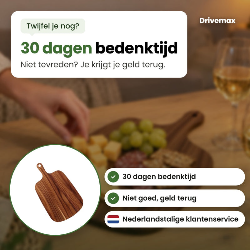 De Borrelova serveerplank in een cirkel, met Nederlandstalige klantenservice: 30 dagen bedenktijd, niet goed geld terug