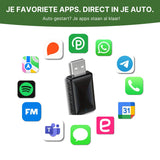 CarVizio adapter toont compatibiliteit met populaire apps zoals Spotify, WhatsApp, Apple Maps en Google Calendar via Apple CarPlay en Android Auto.