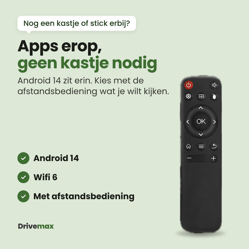 Afstandsbediening van de Cinova mini beamer: Android 14 en wifi 6 zitten erin, apps erop en geen los kastje nodig