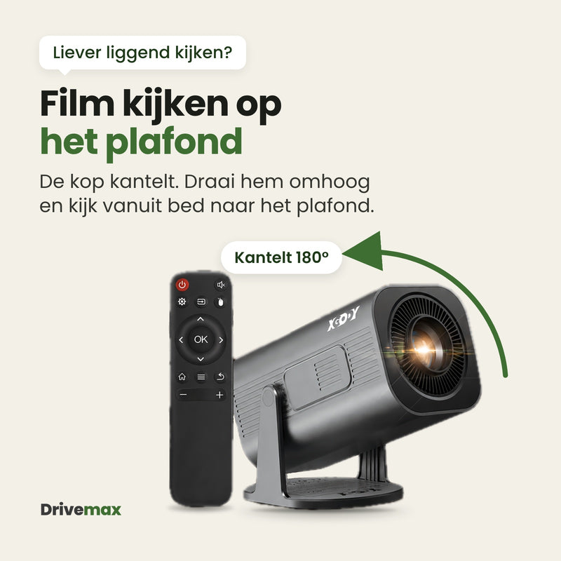 Cinova mini beamer met een kop die 180 graden kantelt: draai hem omhoog en kijk vanuit bed film op het plafond