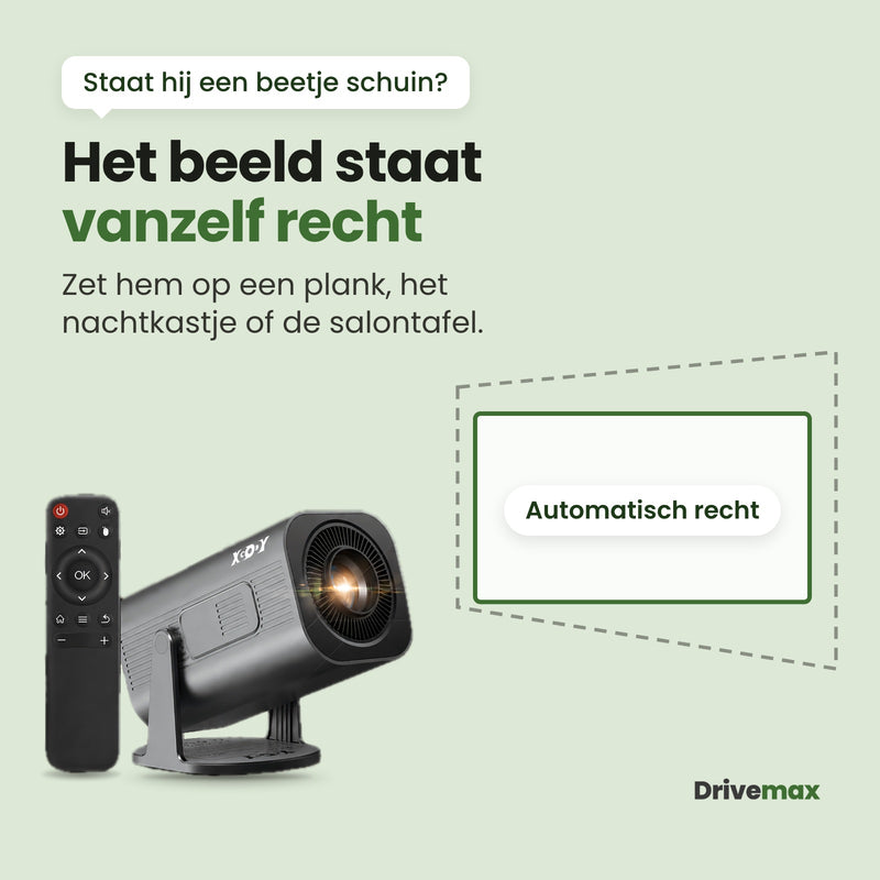 Cinova mini beamer die het beeld automatisch rechtzet als hij een beetje schuin staat, op een plank, nachtkastje of salontafel