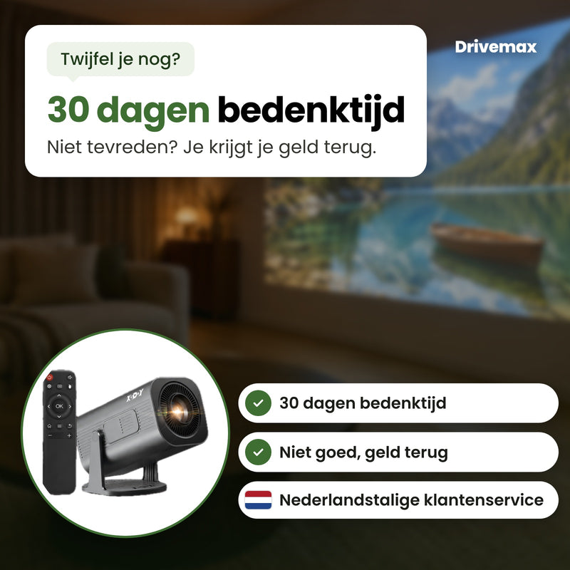 De Cinova mini beamer in een cirkel, met Nederlandstalige klantenservice: 30 dagen bedenktijd, niet goed geld terug