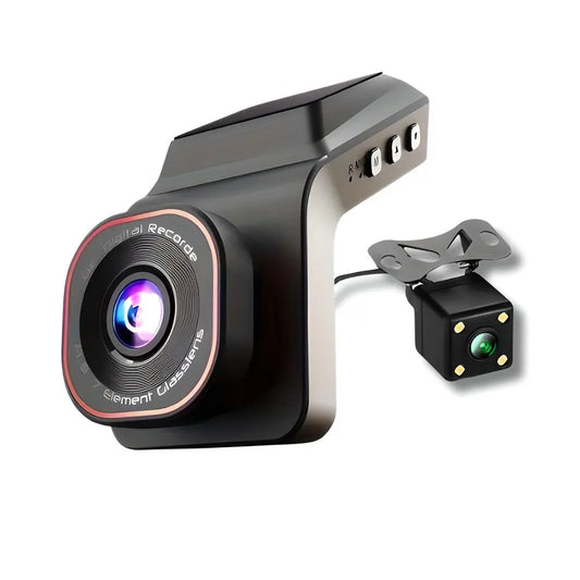 ClearView Ultra dashcam met compacte behuizing en achtercamera, ideaal voor volledige 2-kanaals opname van voor- en achterzijde van het voertuig.