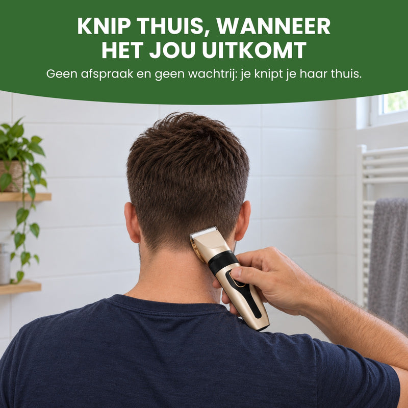 Man van achteren werkt in de badkamer zelf zijn nek bij met de Clipton: knip thuis, wanneer het jou uitkomt, zonder afspraak