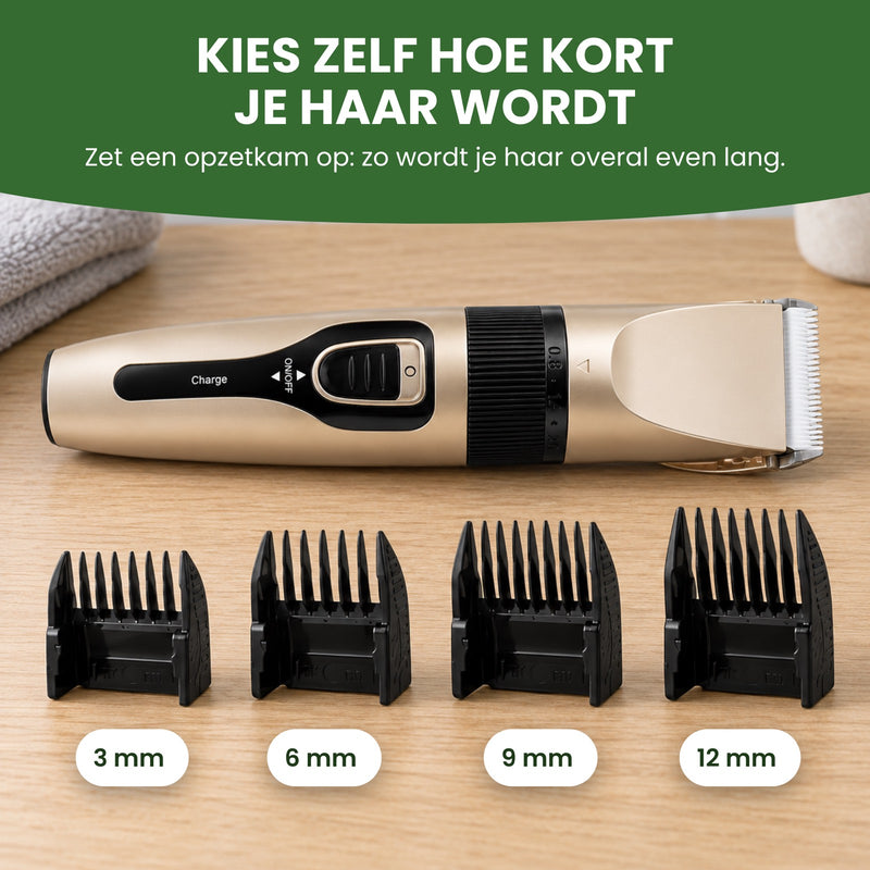 De Clipton met de vier opzetkammen van 3, 6, 9 en 12 mm op een badkamerkast: kies zelf hoe kort je haar wordt