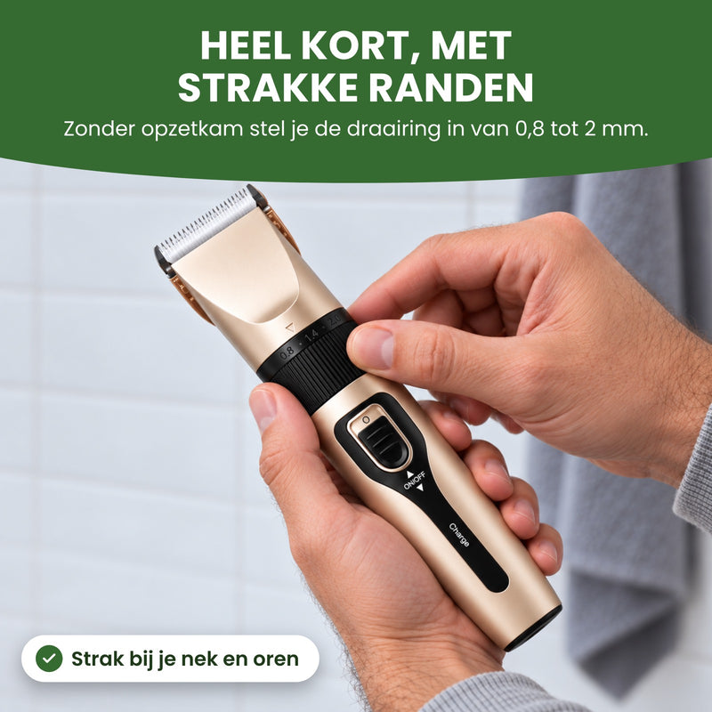 Hand draait aan de draairing van de Clipton: zonder opzetkam van 0,8 tot 2 mm, voor heel kort haar en strakke randen