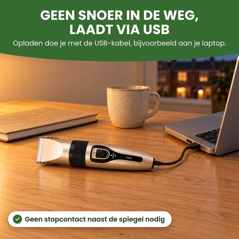 De Clipton laadt op met de USB-kabel aan een laptop: geen snoer in de weg tijdens het knippen, laadt via USB
