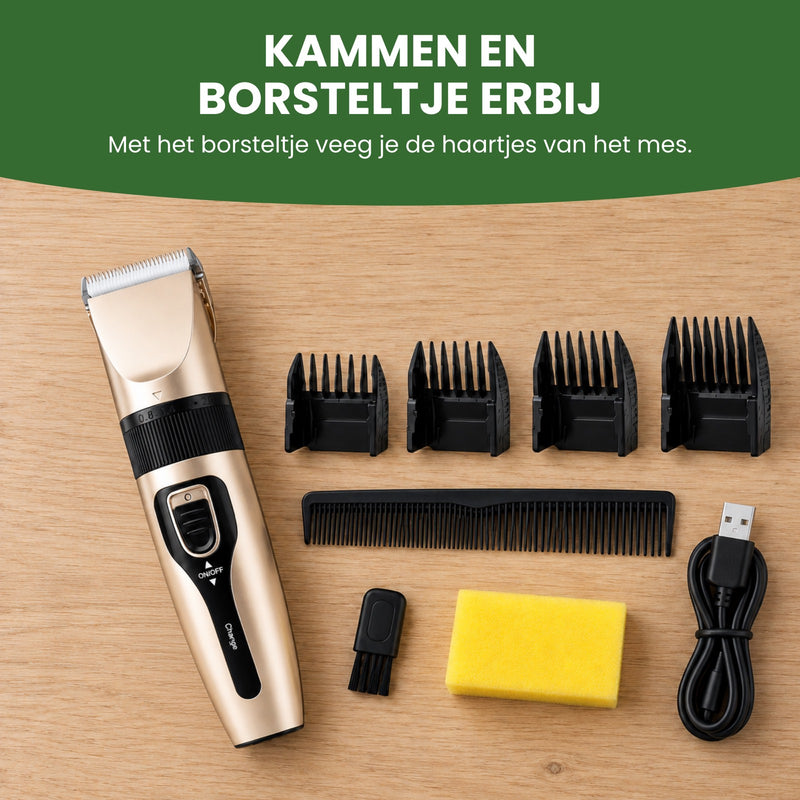 De Clipton met vier opzetkammen, kam, borsteltje, sponsje en USB-kabel op tafel: kammen en borsteltje erbij