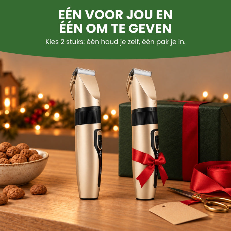 Twee Clipton-tondeuses op tafel, één met een strik voor een cadeau: één voor jou en één om te geven