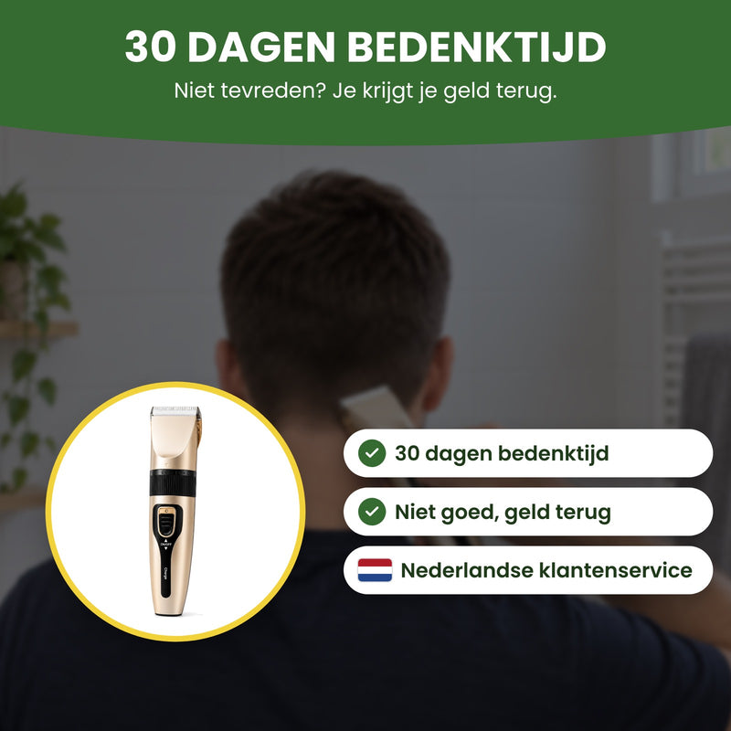 De Clipton tondeuse in een cirkel, met Nederlandse klantenservice: 30 dagen bedenktijd, niet goed geld terug