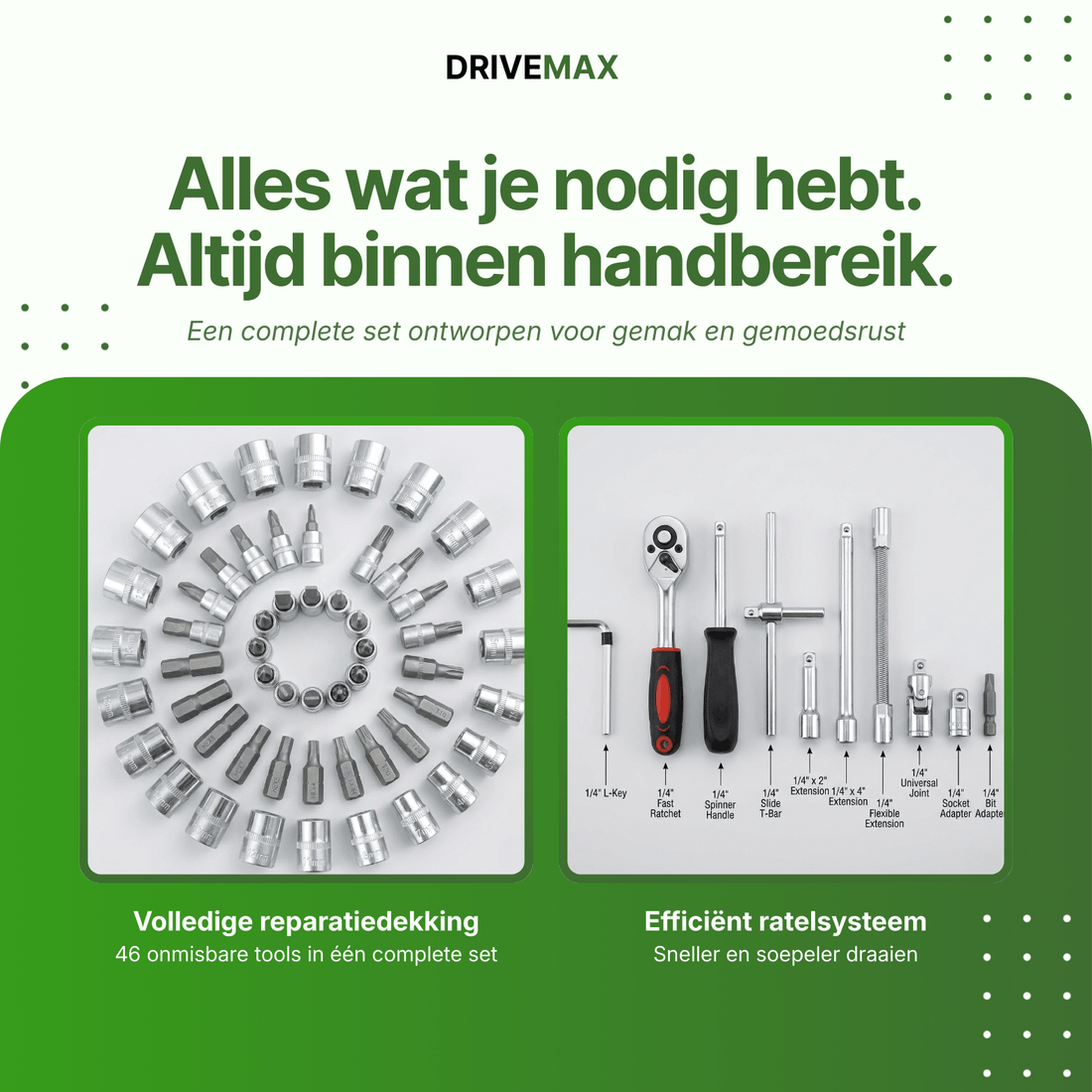 Complete schroevendraaierset met ratel, doppen en bitjes overzichtelijk gepresenteerd voor diverse reparaties.