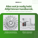 Complete schroevendraaierset met ratel, doppen en bitjes overzichtelijk gepresenteerd voor diverse reparaties.