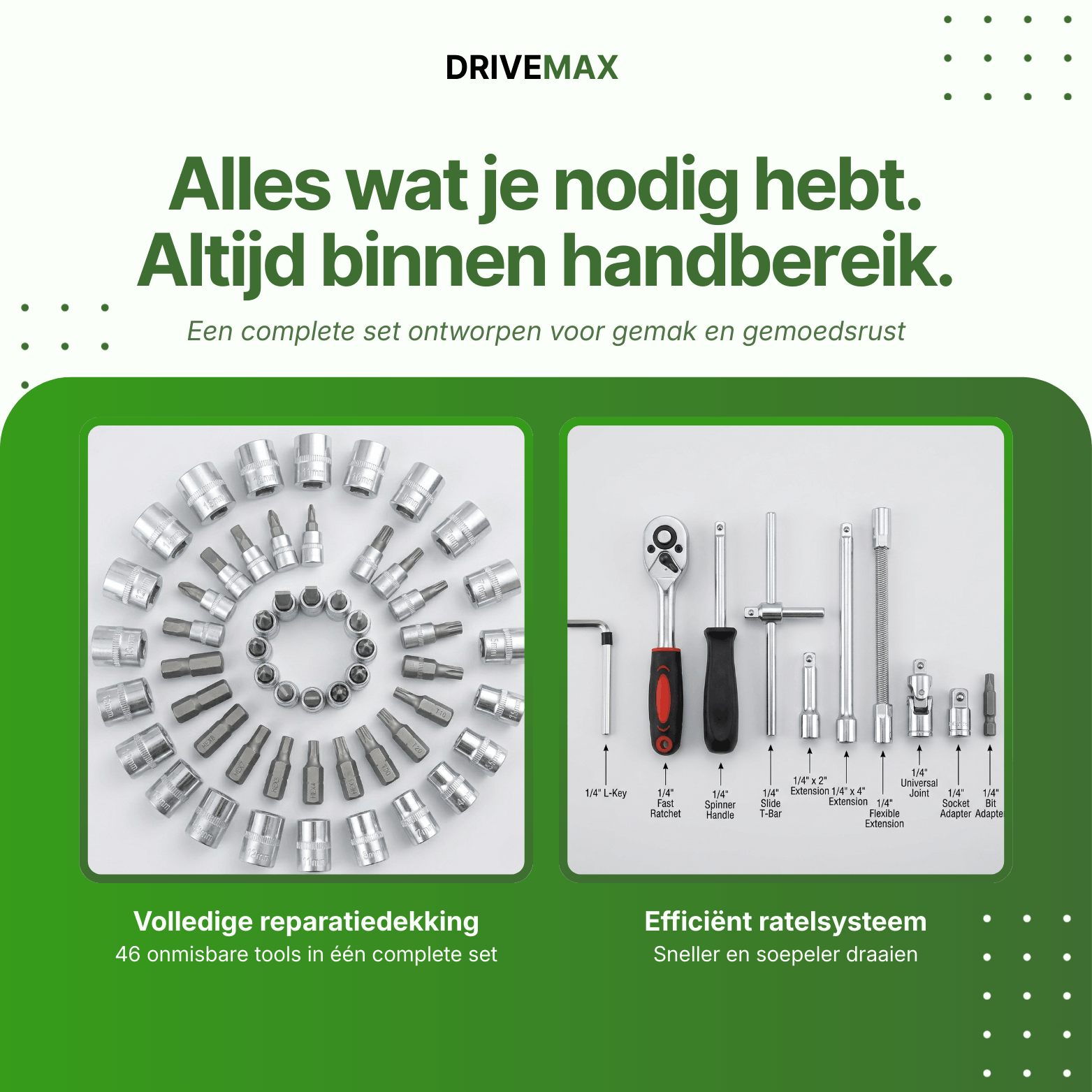 Complete schroevendraaierset met ratel, doppen en bitjes overzichtelijk gepresenteerd voor diverse reparaties.